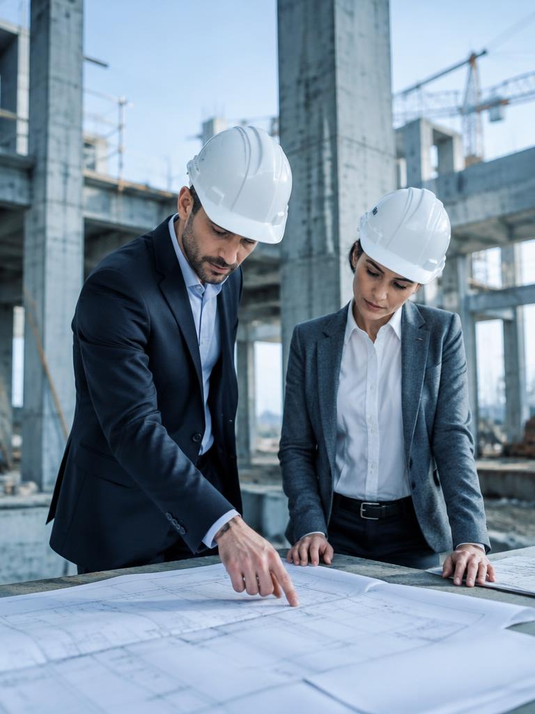 Desarrolladores revisando planos en obra